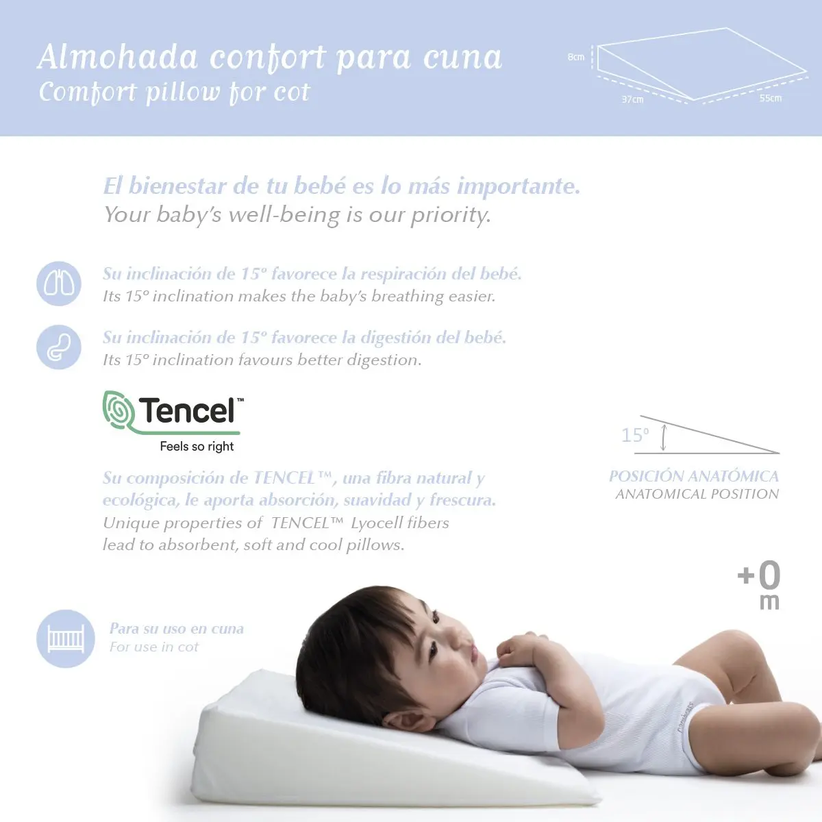 Almohada confort cuna 55x37x8.5 cm liso e blanco - Imagen 4