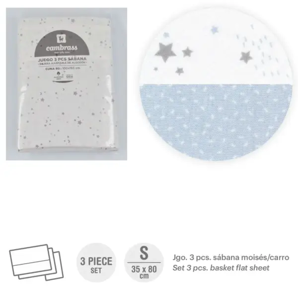 Tríptico sábanas moisés/carro 35x80x1 cm sky celeste