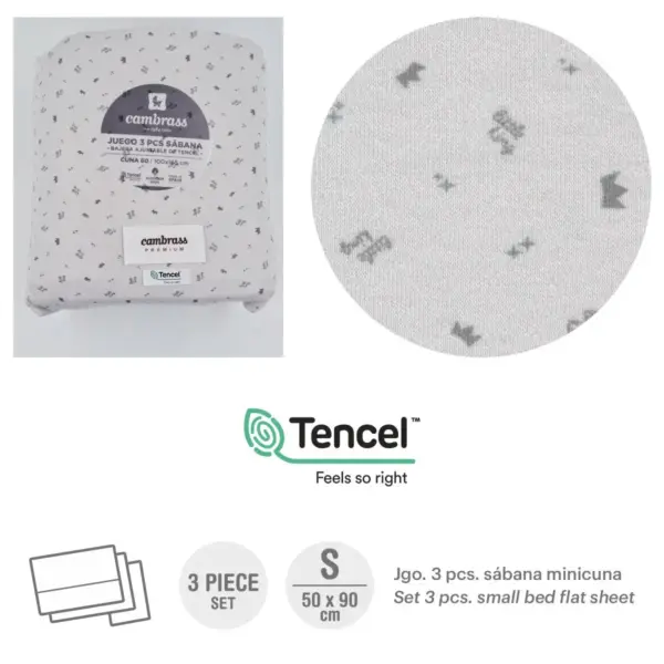 Tríptico sábanas minicuna 50x90x1 cm corona gris