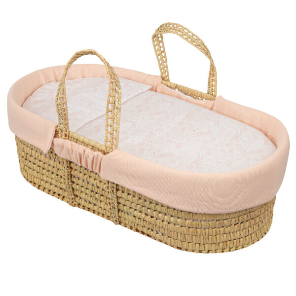 Moisés de mimbre con edredón, cojín, interior acolchado y colchón  Dafne 14 B|Rosa coche/capazo 40x80 - Bimbidreams