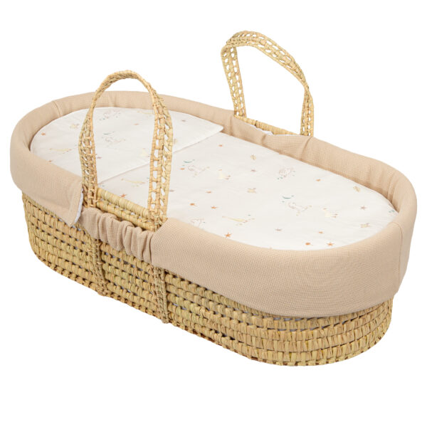 Moisés de mimbre con edredón, cojín, interior acolchado y colchón  Happy Forest 10 B|Lino coche/capazo 40x80 - Bimbidreams